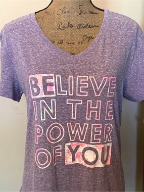 tek gear Purple Heather V-Neck Tee with Pink Graphic